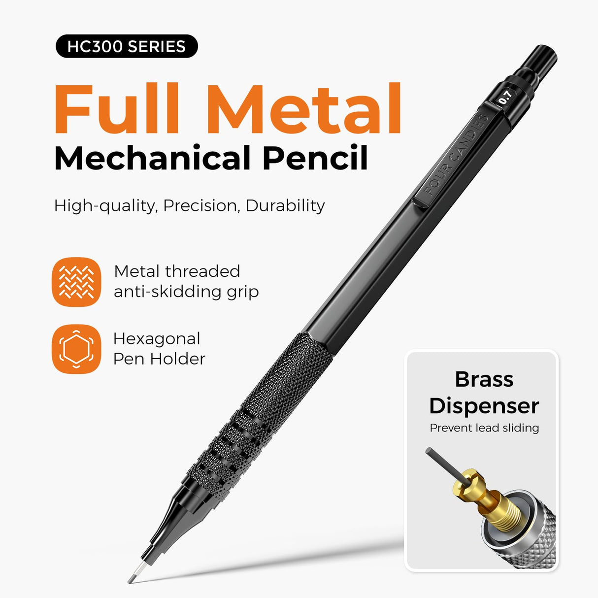Four Candies Metal Mechanical Pencil Set, 3PCS Art Drafting Pencils 0.5, 0.7, 0.9MM & 2PCS 2MM Mechanical Drawing Pencils with 420PCS Leads (4B 2B HB 2H Color) for Writing Sketching Drawing (Black) Four Candies