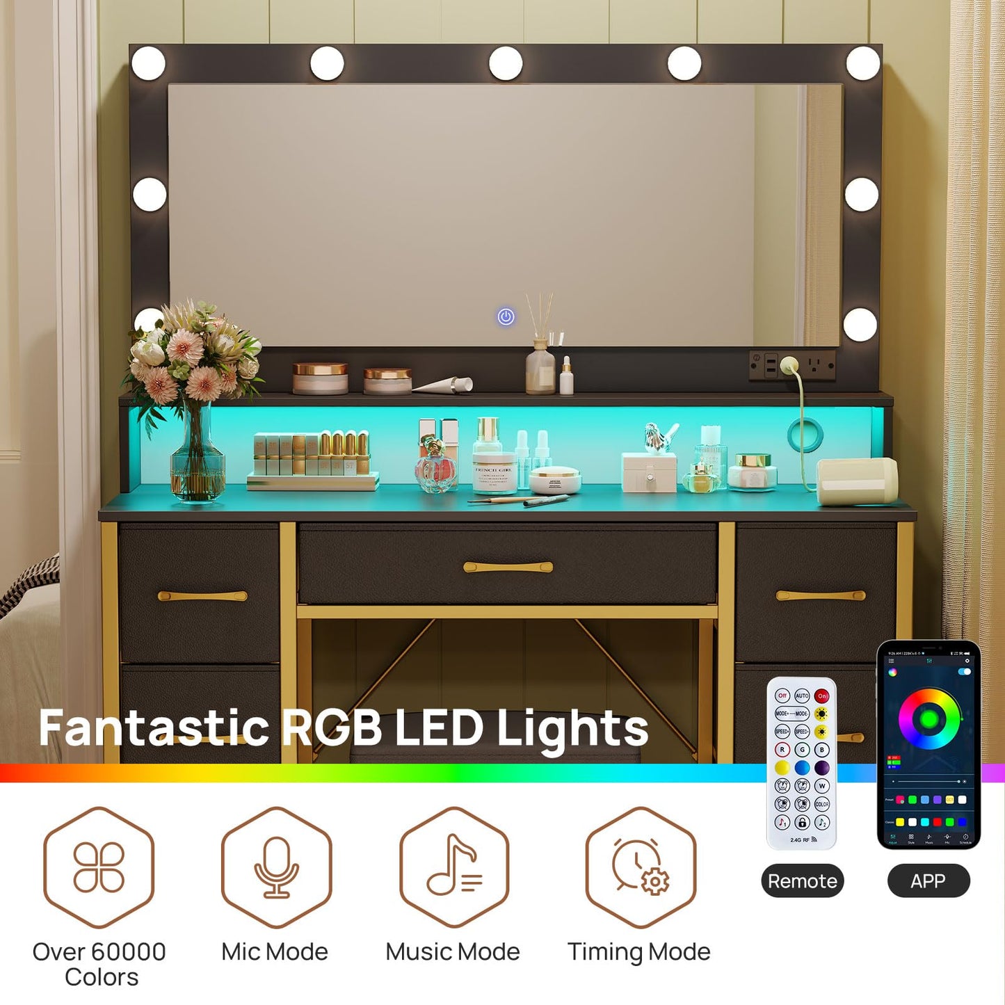 Rolanstar Vanity Desk with Mirror and Lights, Makeup Vanity with Upholstered Vanity Stool, 7 Fabric Drawers, 9 LED Bulbs, Vanity Set with Power Outlets, RGB Strip Lights for Bedroom, Black and Gold