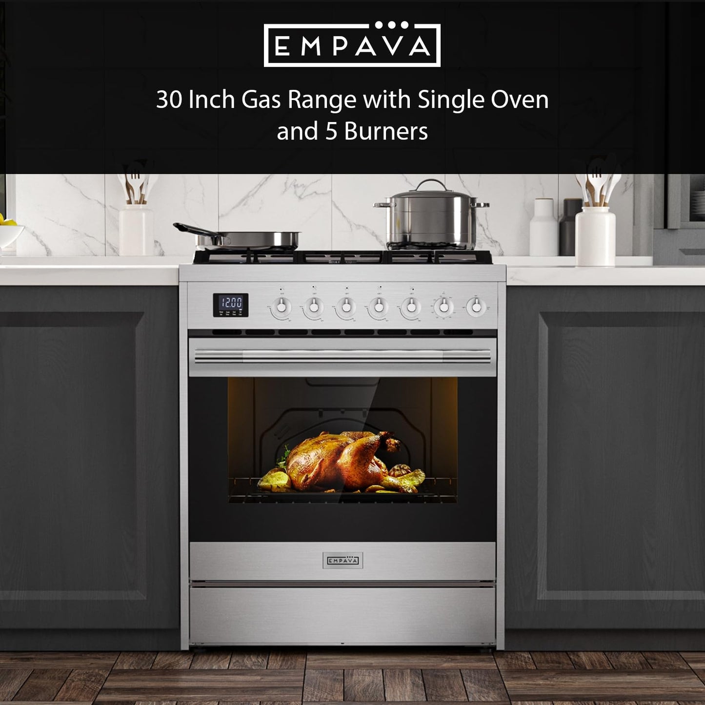 Empava Freestanding & Slide-In Gas Range, 5.0 Cu. Ft, Single Oven with 5 Sealed High-Low Burners & Touch Timer, Heavy Duty Continuous Grates in Stainless Steel, 30 Inch