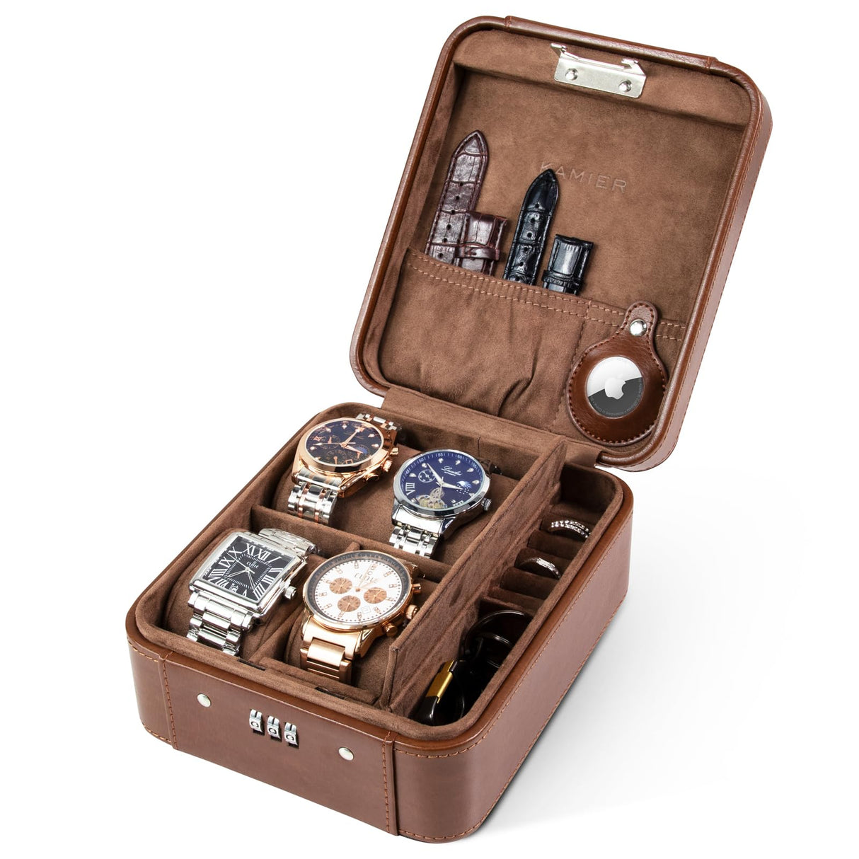 KAMIER Watch Case with Combination Lock - 4 Watch Storage and Jewelry Organizer - Watch Travel Case for Ring and Watch Storage, PU Leather Travel Watch Case, Ideal for Gift (With Gift Box), Brown KAMIER