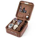 KAMIER Watch Case with Combination Lock - 4 Watch Storage and Jewelry Organizer - Watch Travel Case for Ring and Watch Storage, PU Leather Travel Watch Case, Ideal for Gift (With Gift Box), Brown KAMIER