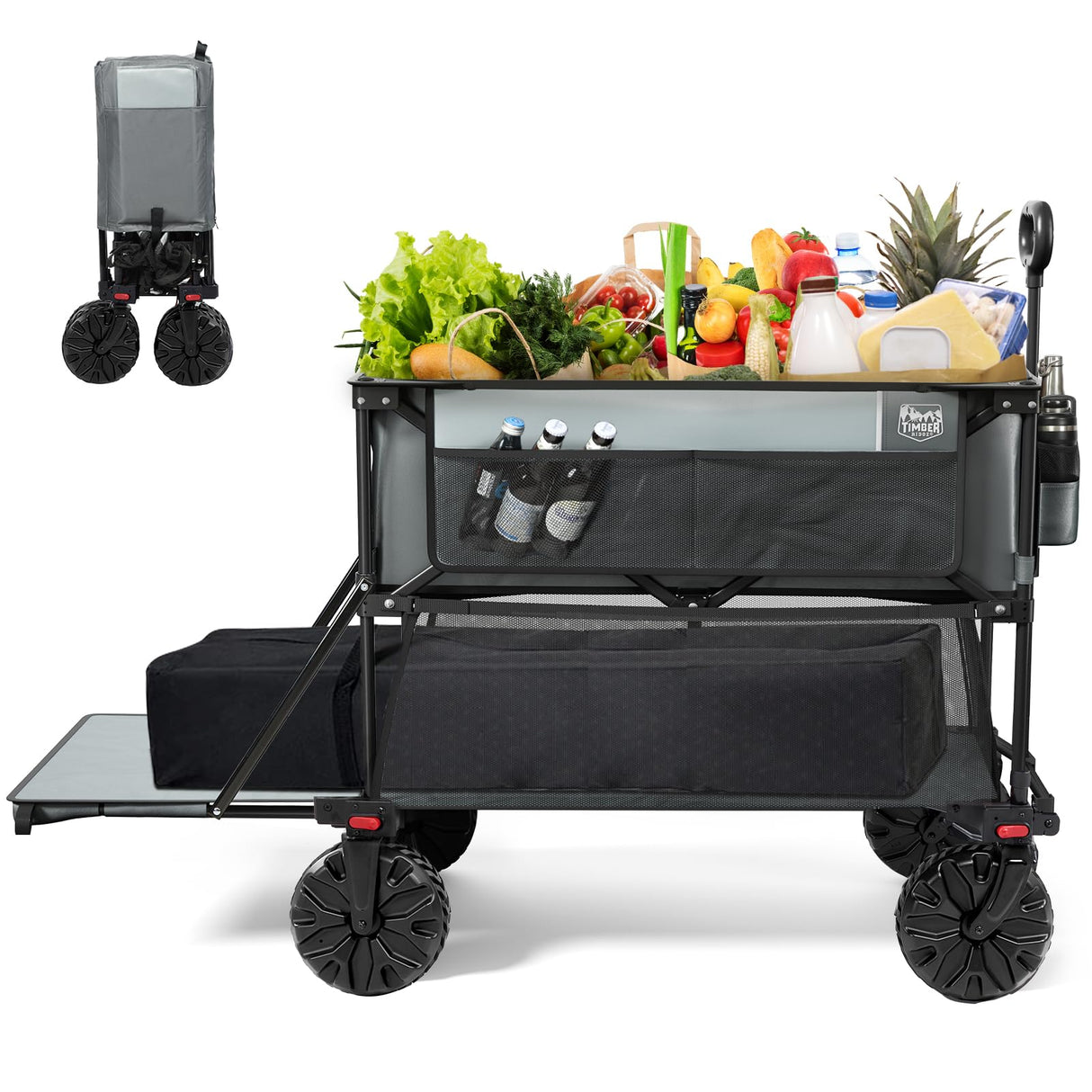 TIMBER RIDGE 400L Large Capacity Folding Double Decker Wagon, 54" Extra Long Extender Wagon Cart, 450lbs Heavy Duty Collapsible Wagon, All-Terrain Big Wheels for Camping, Sports, Shopping, Gray TIMBER RIDGE