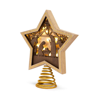 DEMDACO Gold Accented Wooden Star with Cutout Nativity Scene and Warm LED Shadow Box 10 x 8.5 Inches Christmas Tree Topper