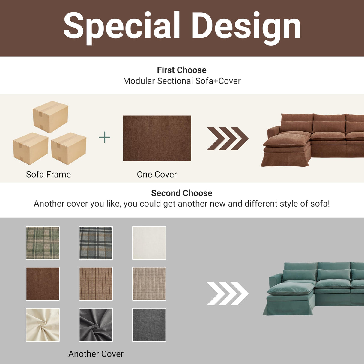 N NOORDENIYA 122″ Oversized Modular Sectional Sofa with Movable Ottoman, 6-Seat Deep Seat Sofa with Individual Sofa Covers, U Shaped Couch for Living Room, Bedroom, Apartment, Fabric, Brown N NOORDENIYA