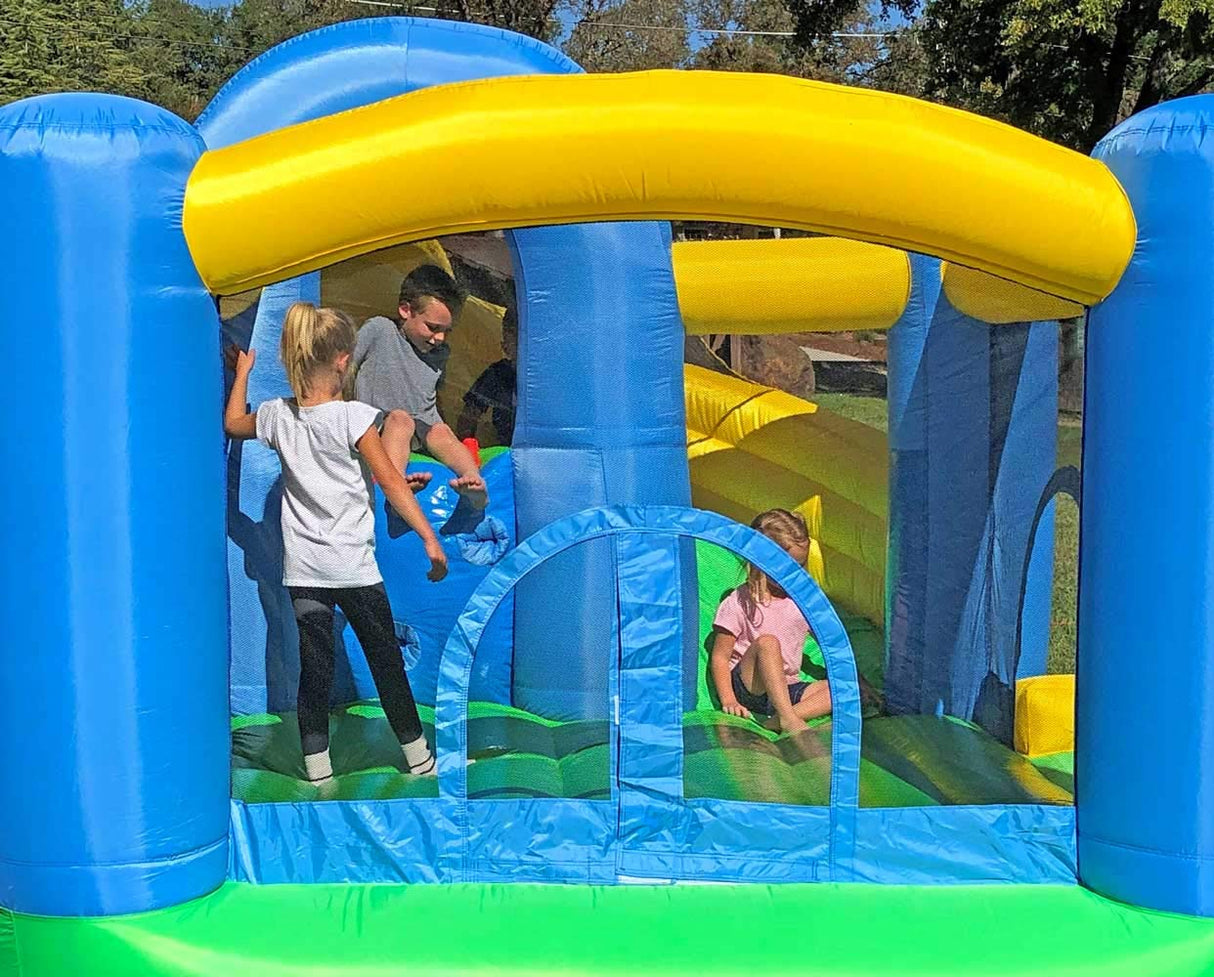 Island Hopper Curved Double Slide Recreational Kids Bounce House with Safe Return Curved Slide and Climbing Wall Island Hopper