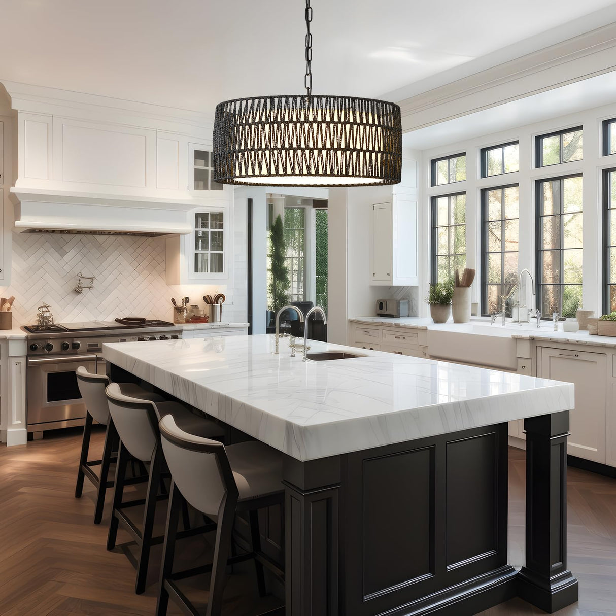 Farmhouse Rattan Chandelier Light Fixture, Black boho Pendant Light Hand Woven Chandeliers for Dining Room with Fabric Shade, Large Wicker Coastal Pendant Light for Kitchen Bedroom Island Hallway JTYP