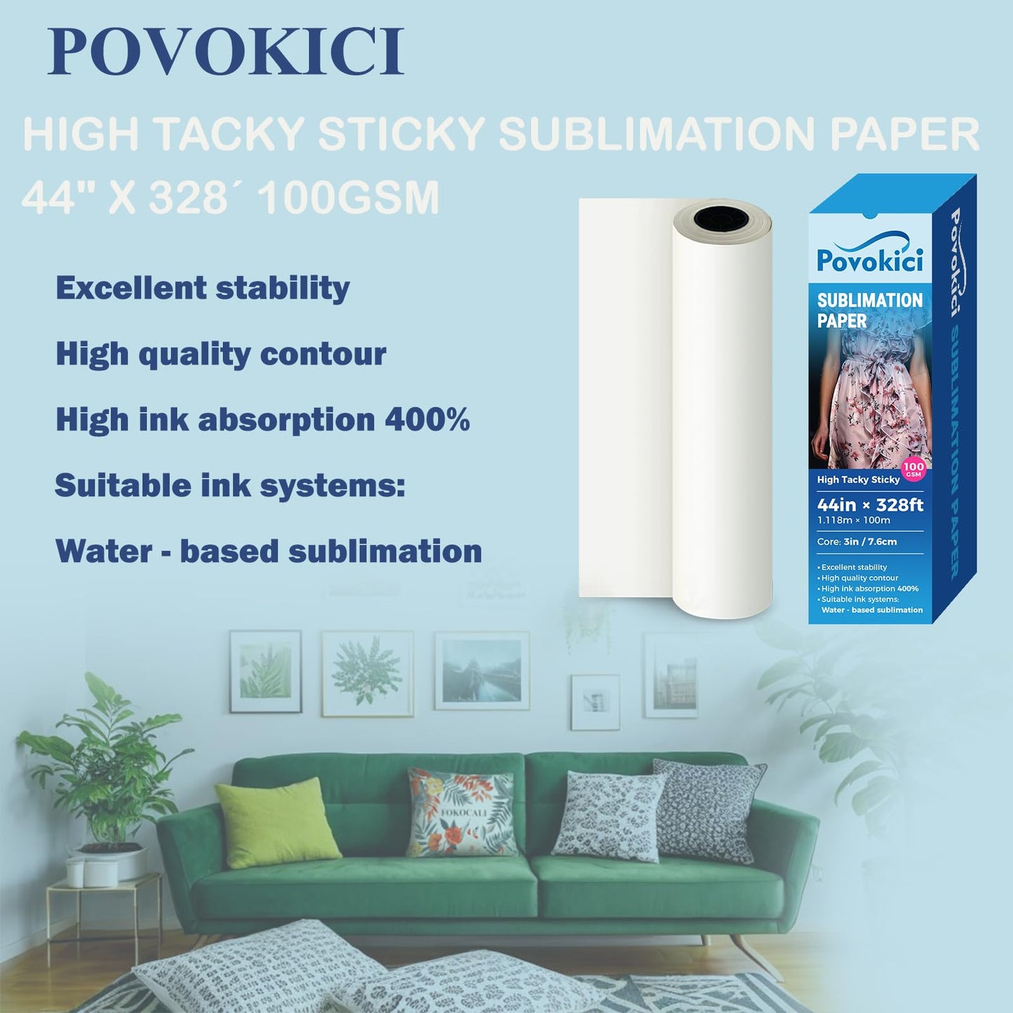 POVOKICI 44 Inch High Tacky Sticky Sublimation Paper 44" x 328´ 100gsm Sublimation Transfer Paper Roll for Polyester Clothing Spandex Textiles