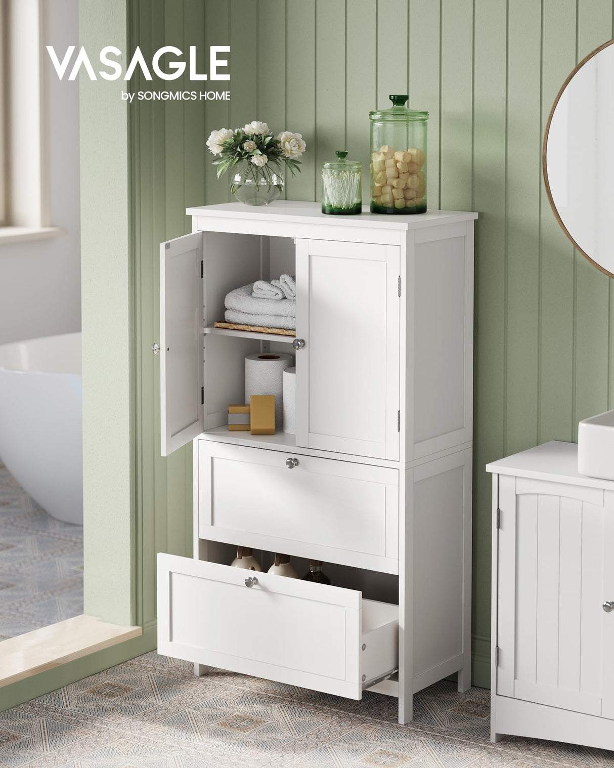VASAGLE Bathroom Floor Storage Cabinet, Bathroom Storage Unit, Freestanding Cabinet with 2 Drawers and 2 Doors, Adjustable Shelf, 11.8 x 23.6 x 43.3 Inches, White UBBC551P31 VASAGLE
