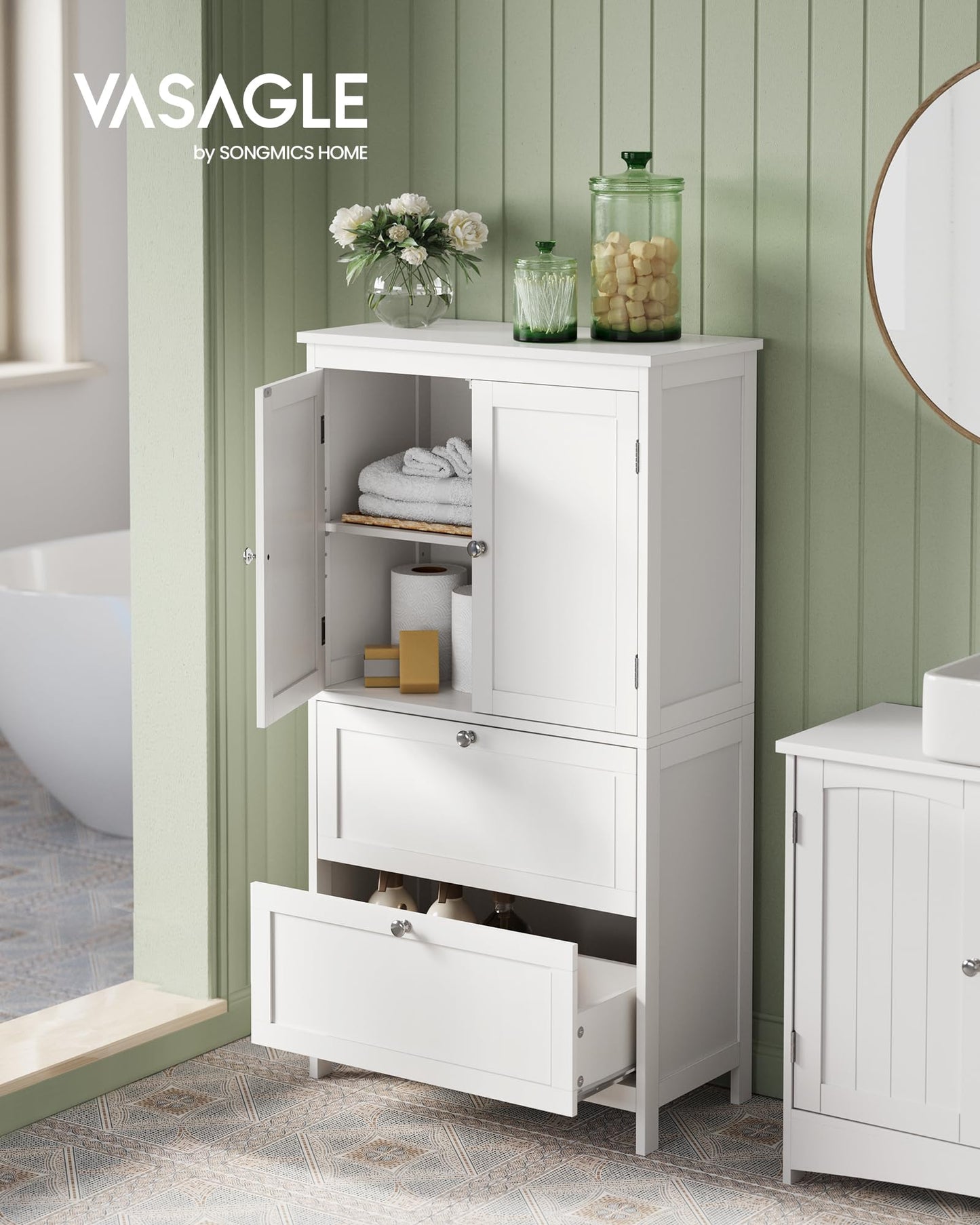 VASAGLE Bathroom Floor Storage Cabinet, Bathroom Storage Unit, Freestanding Cabinet with 2 Drawers and 2 Doors, Adjustable Shelf, 11.8 x 23.6 x 43.3 Inches, White UBBC551P31