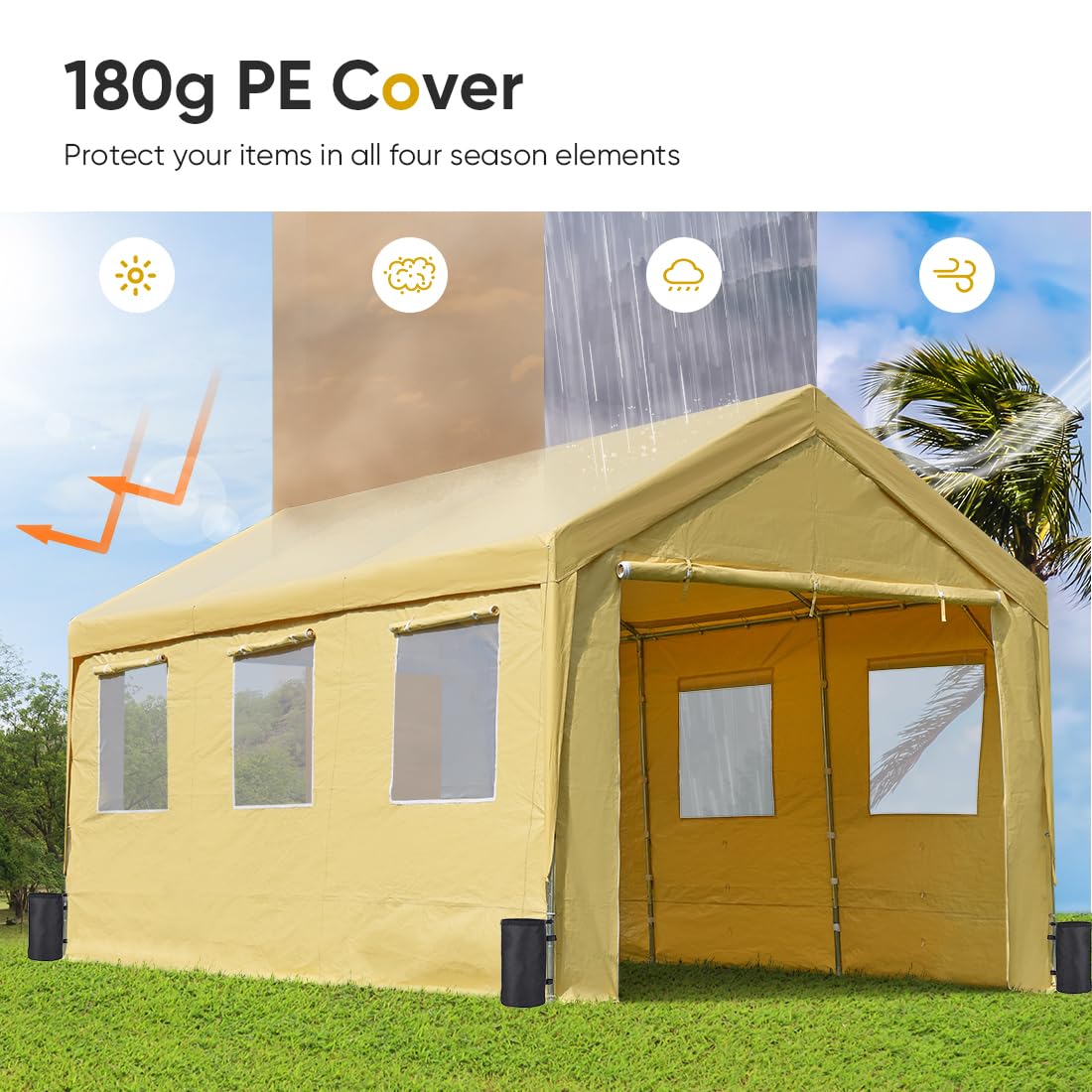 ADVANCE OUTDOOR 12x20 ft Canopy Garage Heavy Duty Carport Car Boat Shelter Party Tent, Adjustable Peak Height from 9.5ft to 11ft, with Removable Window Sidewalls and Doors, Beige ADVANCE OUTDOOR