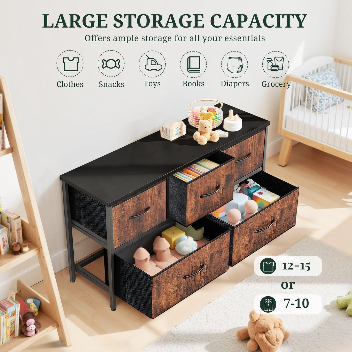 5-Drawer Dresser for Bedroom, Anti-Tip Wide Storage Organizer Fabric Chest of Drawers TV Stand for 45" TV with Wooden Top and Metal Frame for Closet, Living Room, Hallway, Entryway, Brown SageNest