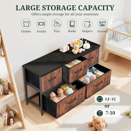 5-Drawer Dresser for Bedroom, Anti-Tip Wide Storage Organizer Fabric Chest of Drawers TV Stand for 45" TV with Wooden Top and Metal Frame for Closet, Living Room, Hallway, Entryway, Brown SageNest