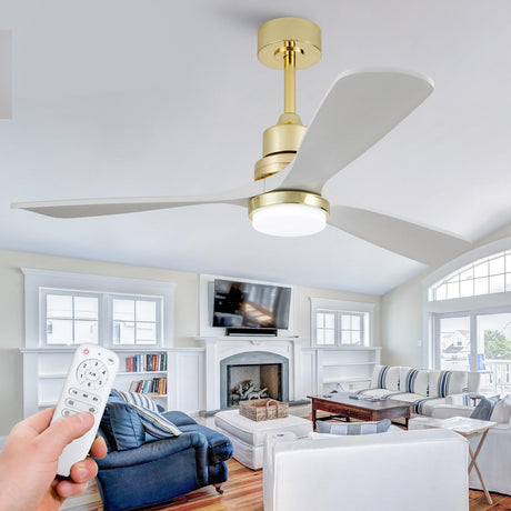 BOJUE 52 inch Gold Ceiling Fans with Lights and White Solid Wood Fan Blades - Modern Ceiling Fan with Remote for Indoor/Outdoor Farmhouse, Low Profile Bedroom, Patio - Gold Finish and White Blades BOJUE