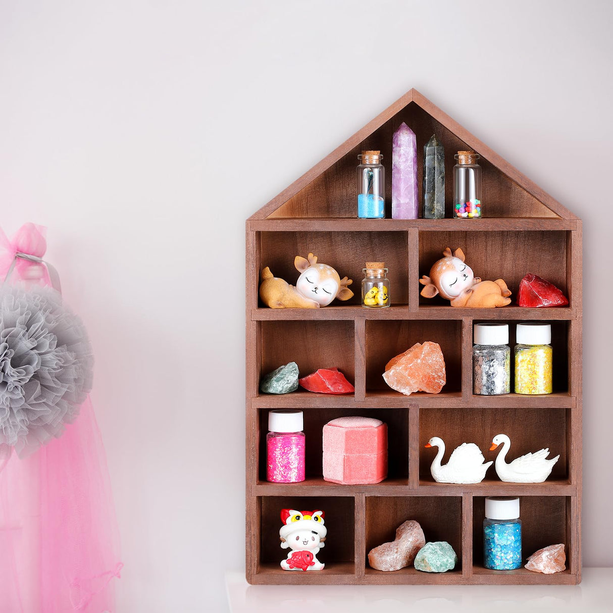 Threehoney House Shaped Wooden Shadow Cubby Box 10 W x 2 1/4 D x 15 H Hanging Display Shelf Organizer Wall Mounted Curio Cabinet Wooden Display Case Miniature Shelf for Figures(Brown) Threehoney