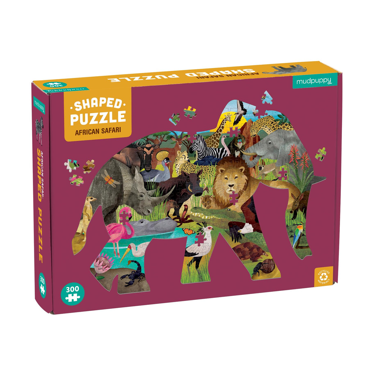 Mudpuppy African Safari 300 Piece Shaped Puzzle from Mudpuppy - 22.75" x 15.5" Elephant Shaped Jigsaw Puzzle for Kids, Provides Hours of Family Fun, Ages 7+ Mudpuppy