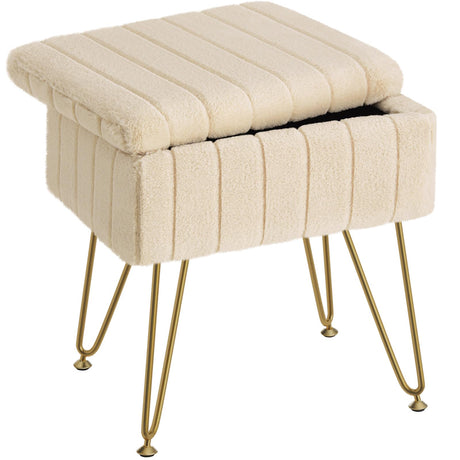 Greenstell Vanity Stool Chair Faux Fur with Storage, 15.7"L x 11.8"W x 19.4"H Soft Ottoman 4 Metal Legs with Anti-Slip Feet, Furry Padded Seat, Modern Multifunctional Chairs for Makeup, Bedroom,Camel GREENSTELL