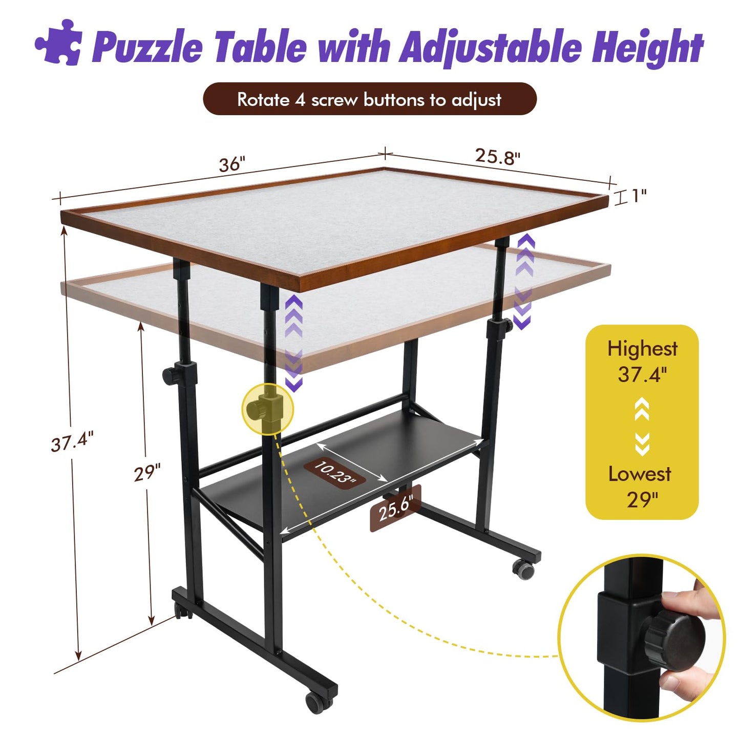 Sunix 1500 Pieces Jigsaw Puzzle Table with Legs, 36"x26" Adjustable Height Puzzle Board with Cover & 6 Sorter Tray, 12-Tilting-Angle Portable Wooden Puzzle Table for Adults, Enclosed with Whe - WoodArtSupply