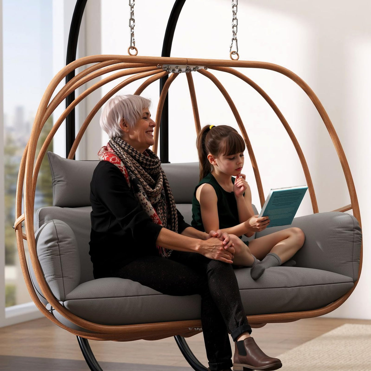 DAYAOUTDOOR Double Egg Chair with Stand, Oversized Egg Chair Outdoor, 2-Person Hanging Eggs Chairs, 600Lbs Sturdy Loveseat Swinging Chair for Balcony, Patio, Deck, Grey DAYAOUTDOOR