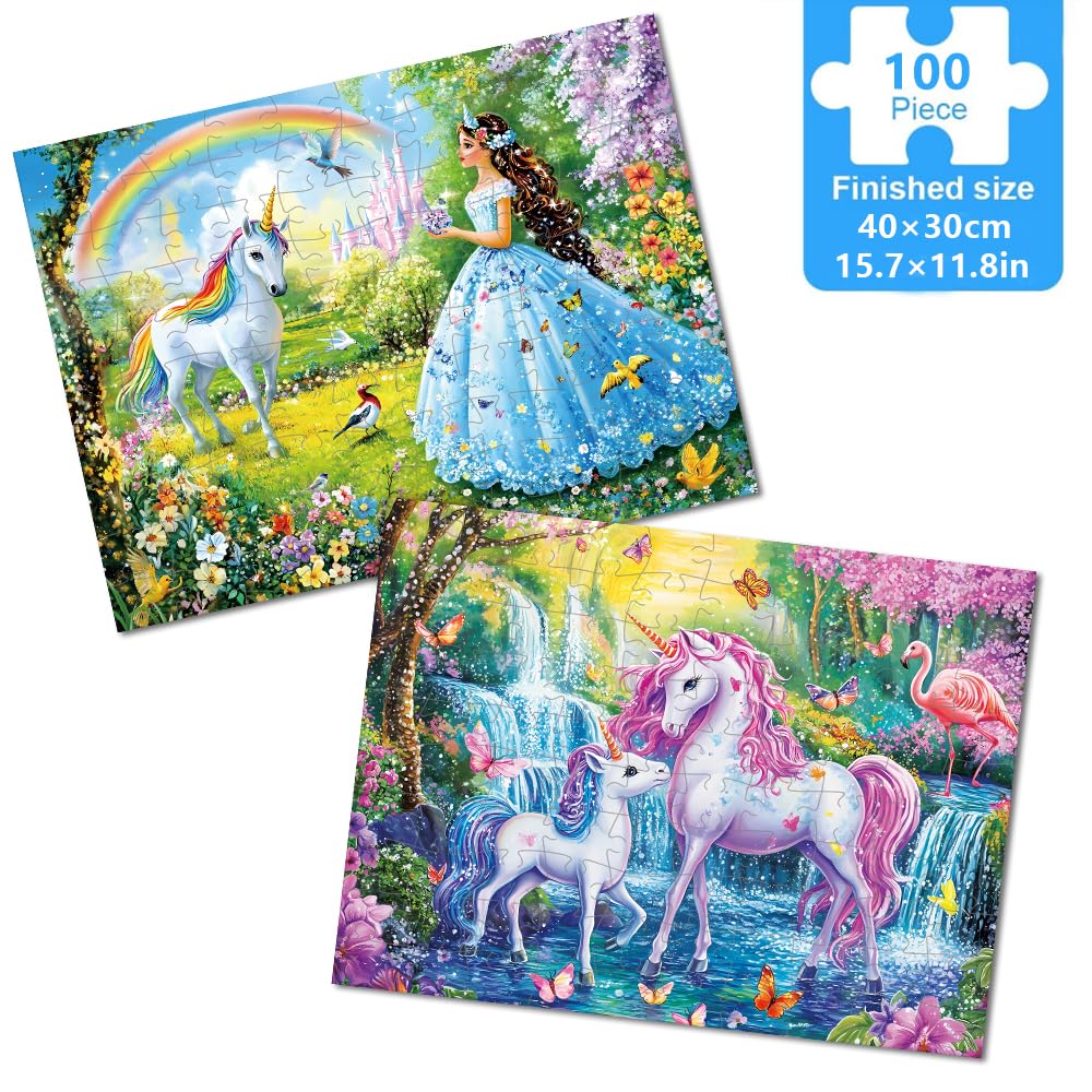 Fishwisdom Pack of 2, 100 Piece Jigsaw Puzzles for Adults and Teens and Kids Family Happy Games Princess Unicorns Puzzles fishwisdom