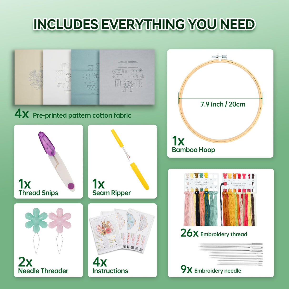 kasateri 4 Sets Beginner Embroidery Kit, Embroidery Kit for Beginners Adults Easy Hand Embroidery with Tools Bamboo Hoop Stamped Cloth Starter Cross Stitch Kits Needlepoint Craft Kits for Adults kasateri