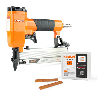 KAMSIN P630 23 Gauge Pneumatic Headless Pin Nailer Kit With 10,000PCS Pin Nails, 1/2-Inch to 1-3/16-Inch Leg Length, Air Power Micro Pinner With Safety For Furniture, Cabinets, Interior Decoration