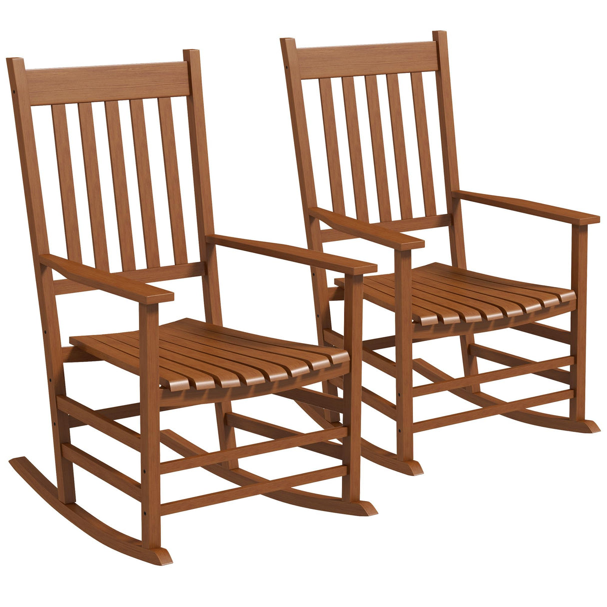 Outsunny Wooden Rocking Chair Set of 2, Outdoor Rocker Chairs with Curved Armrests, High Back & Slatted Seat for Garden, Balcony, Porch, Supports Up to 352 lbs., Teak Outsunny