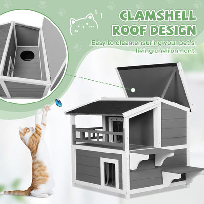 Oakcloud Outdoor Cat House Shelter Weatherproof, 2-Story Feral Cat Patio with Clamshell Asphalt Roof and Door with PVC Curtain, Wooden Cat Condos Provide All-Season Protection