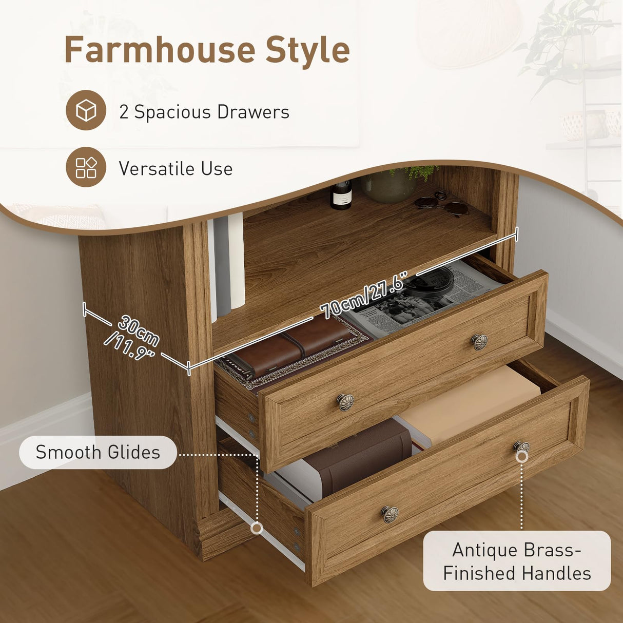 RALGEND Farmhouse Arched Bookshelf, 7 Tiers Arch Bookcase with 2 Spacious Drawers, Modern Book Shelf with Open Display Shelves and Storage Cabinet, for Office, Living Room, Kitchen, Walnut RALGEND