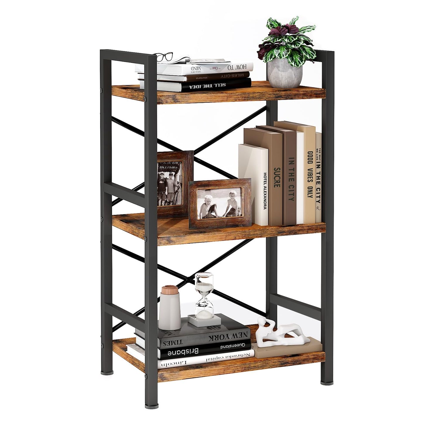Homeiju Bookshelf, 3 Tier Industrial Bookcase, Metal Small Bookcase, Rustic Etagere Book Shelf Storage Organizer for Living Room, Bedroom, and Home Office(Rustic Brown) Patent Pending D29873033
