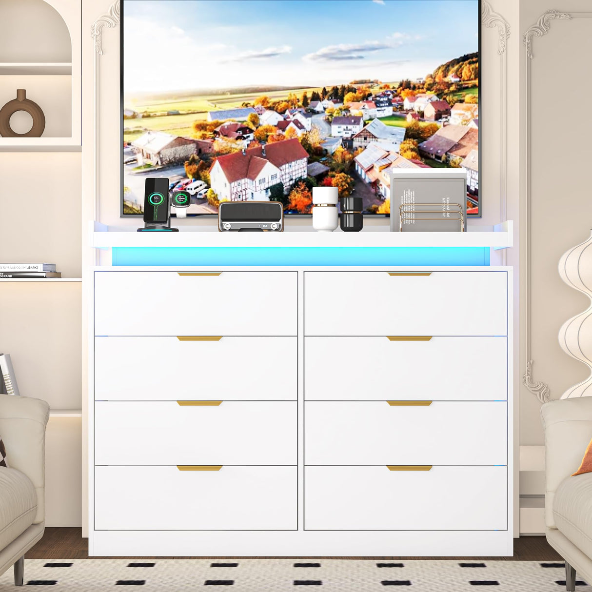 knoworld 8 Drawer Dressers for Bedroom, White Dresser with LED Lights and Power Outlet, Wood LED Dresser, Double Wide Modern Chest of Drawers for Bedroom, Entryway, Hallway knoworld