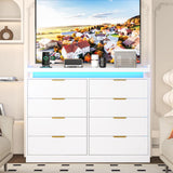 knoworld 8 Drawer Dressers for Bedroom, White Dresser with LED Lights and Power Outlet, Wood LED Dresser, Double Wide Modern Chest of Drawers for Bedroom, Entryway, Hallway knoworld