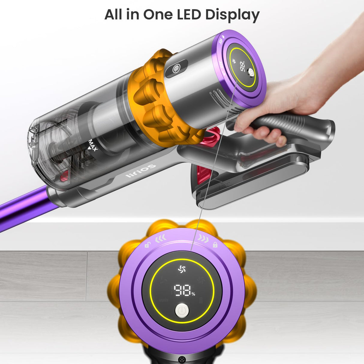 Cordless Vacuum Cleaner, 550W/45Kpa/70Mins Vacuum Cleaners for Home, Stick Vacuum Cordless with Low Noise, LED Screen, Wall Mount Charging,1.6L Dust Cup, Rechargeable Vacuum Pet Hair/Carpet/Hardfloor Iirios