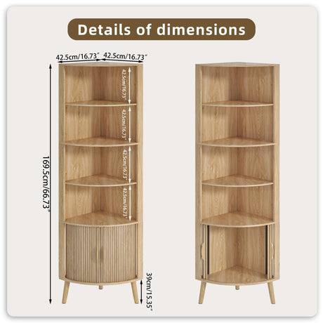 Limaoaio 5-Tier Corner Shelf, 66.73''Tall Modern Corner Bookshelf, 5 Shelf Bookcase with 2 Fluted Doors, Freestanding Wood Corner Display Storage Shelf Organizer for Living Room, Office (Wood Color) Limaoaio