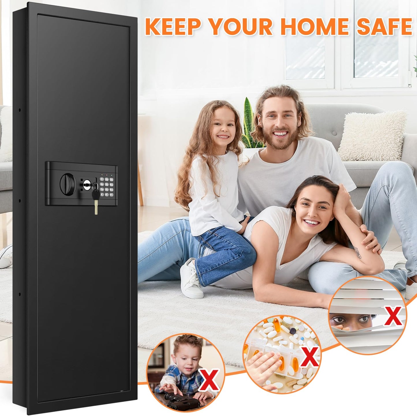 47.3" Tall Fireproof Wall Safes Between the Studs 16" Centers, Large Hidden Flush Wall Safe with 4 Removable Shelf & 6 Key Hooks, 48LB Heavy Duty Gun Safes for Home Rifle and Pistols, Money, Jewelry