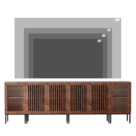 BVIUNTWO Farmhouse TV Stand for TVs up to 100 Inch, Entertainment Center TV Console with Storage Cabinets and Glass Doors,Media Console for Living Room,Brown BVIUNTWO