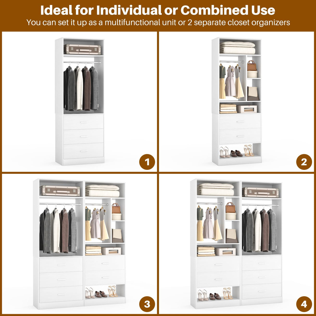 Besiost 4FT Closet Systems with 5 Wood Drawers, 48 Inch Closet Organizer System with 2 Hanging Rods & 7 Shelves, Heavy Duty 48" Walk-in Closet , White (48"L x 15" W x 80" H) Besiost