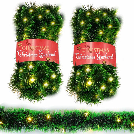 2 Pack Christmas Garland with Lights, Total 38 Feet 80 Led Battery Operated Pre-Lit Long Garland for Stairs Railing Fireplace Mantle Office Door Frame Decor Green Greenery Indoor Outdoor Decorations UZKEW