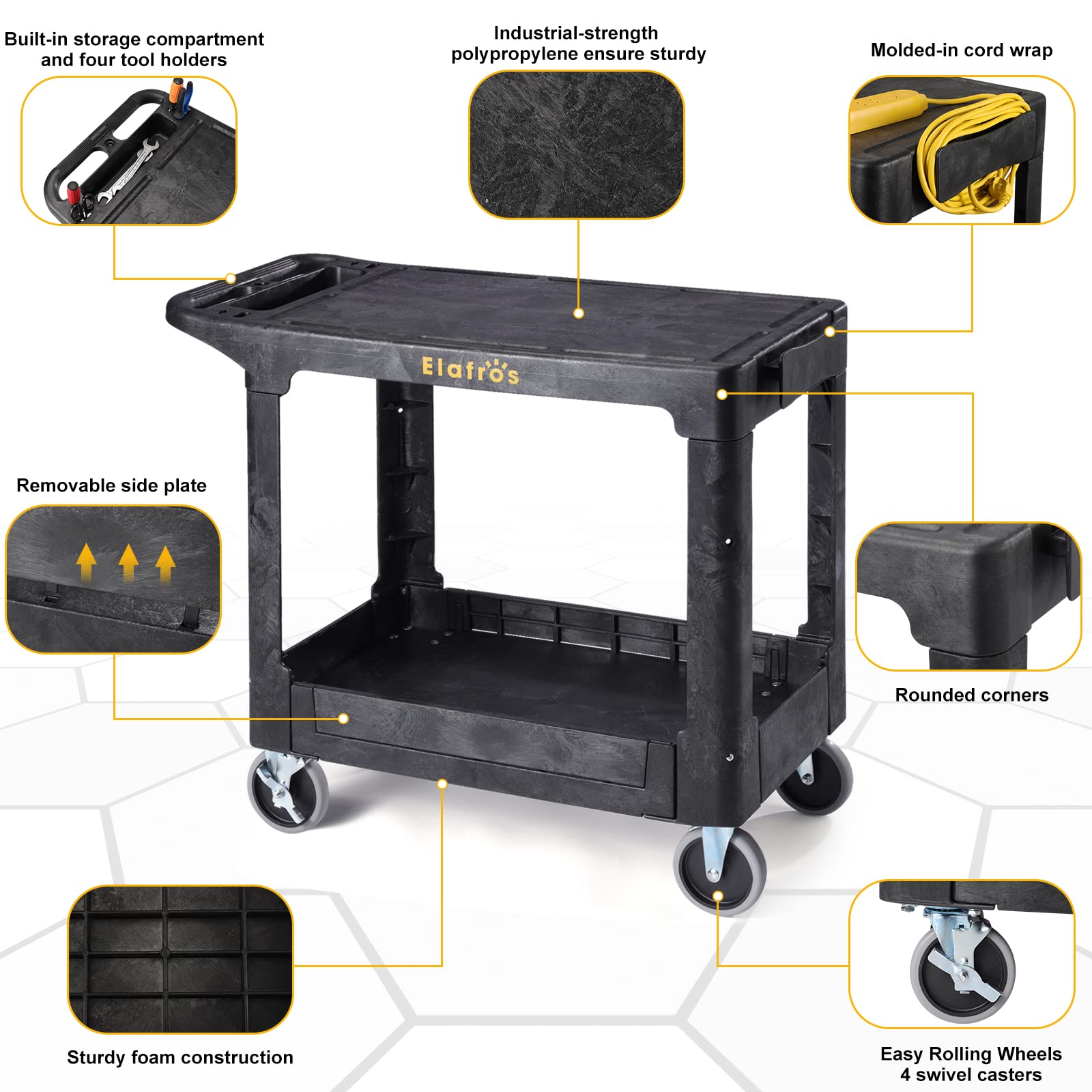 ELAFROS Heavy Duty Plastic Utility Cart, 37 x 18.8 in, Flat Top, Swivel Wheels, 550 lbs Capacity, Black - WoodArtSupply