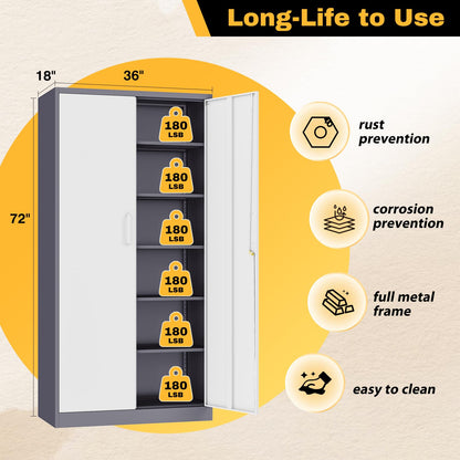 ZAOUS Garage Storage Cabinet, 72'' Tall Metal Storage Cabinets with Lock and 5 Adjustable Shelves for Home, Office, Warehouse, Grey & White - WoodArtSupply