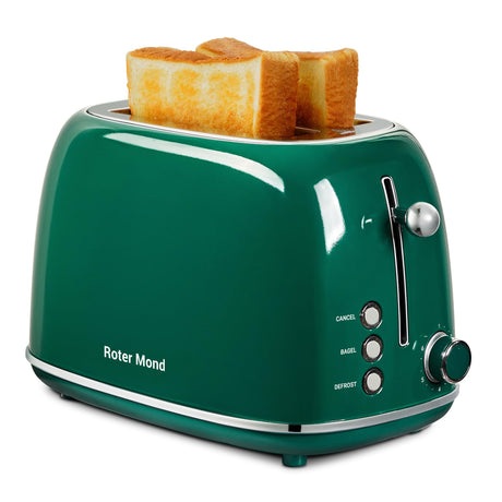 Roter Mond 2 Slice Toaster Retro Stainless Steel with Bagel, Cancel, and Defrost Functions, 6 Bread Shade Settings, Extra Wide Slots and Removable Crumb Tray, Green Roter Mond