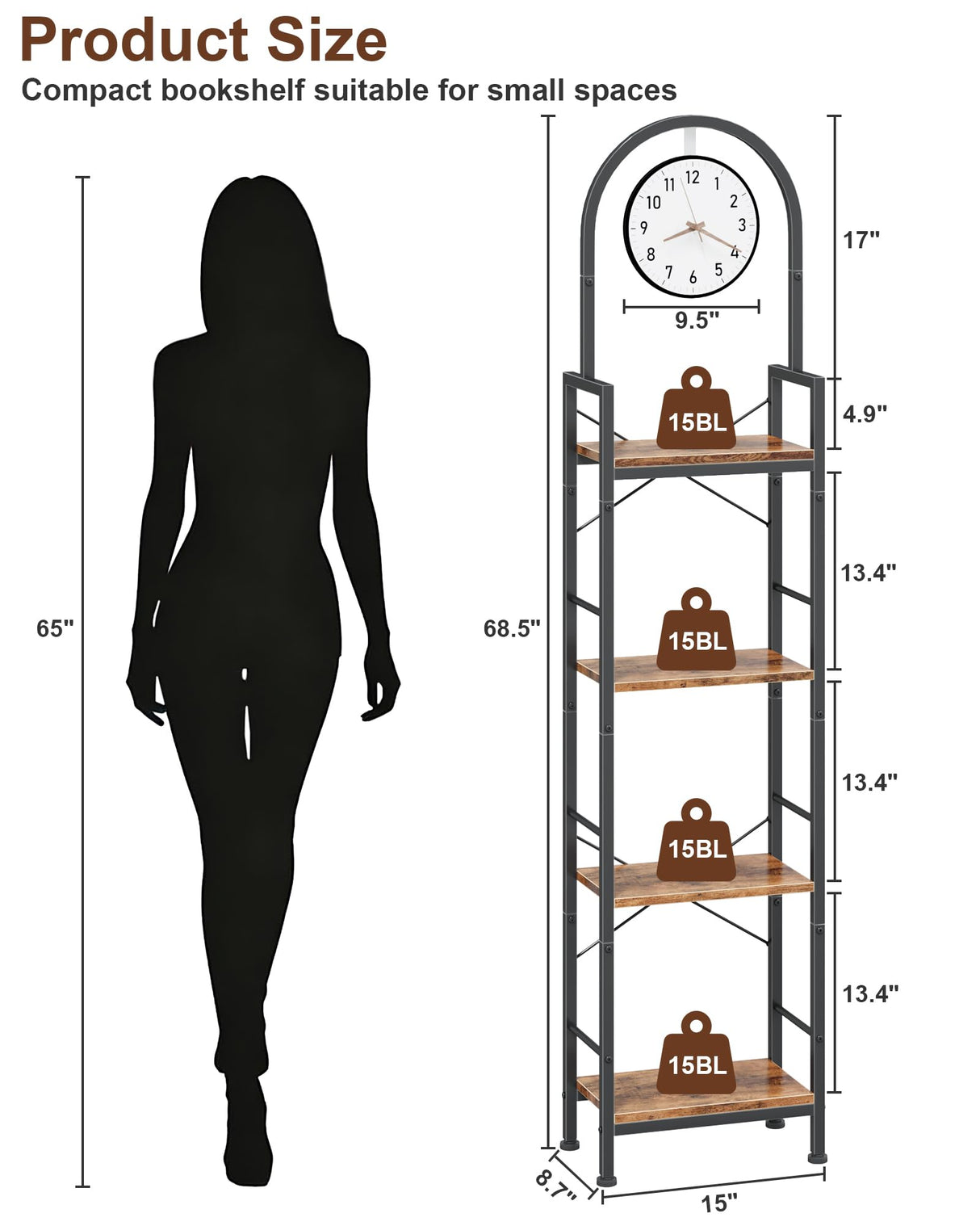 HIGDBFE Bookshelf, 4 Tier Arched Bookshelf with Built-in Clock, 68.2" Tall Narrow Bookcase, Modern Standing Book Shelf for Living Room, Bedroom, Home Office, Rustic Brown HIGDBFE