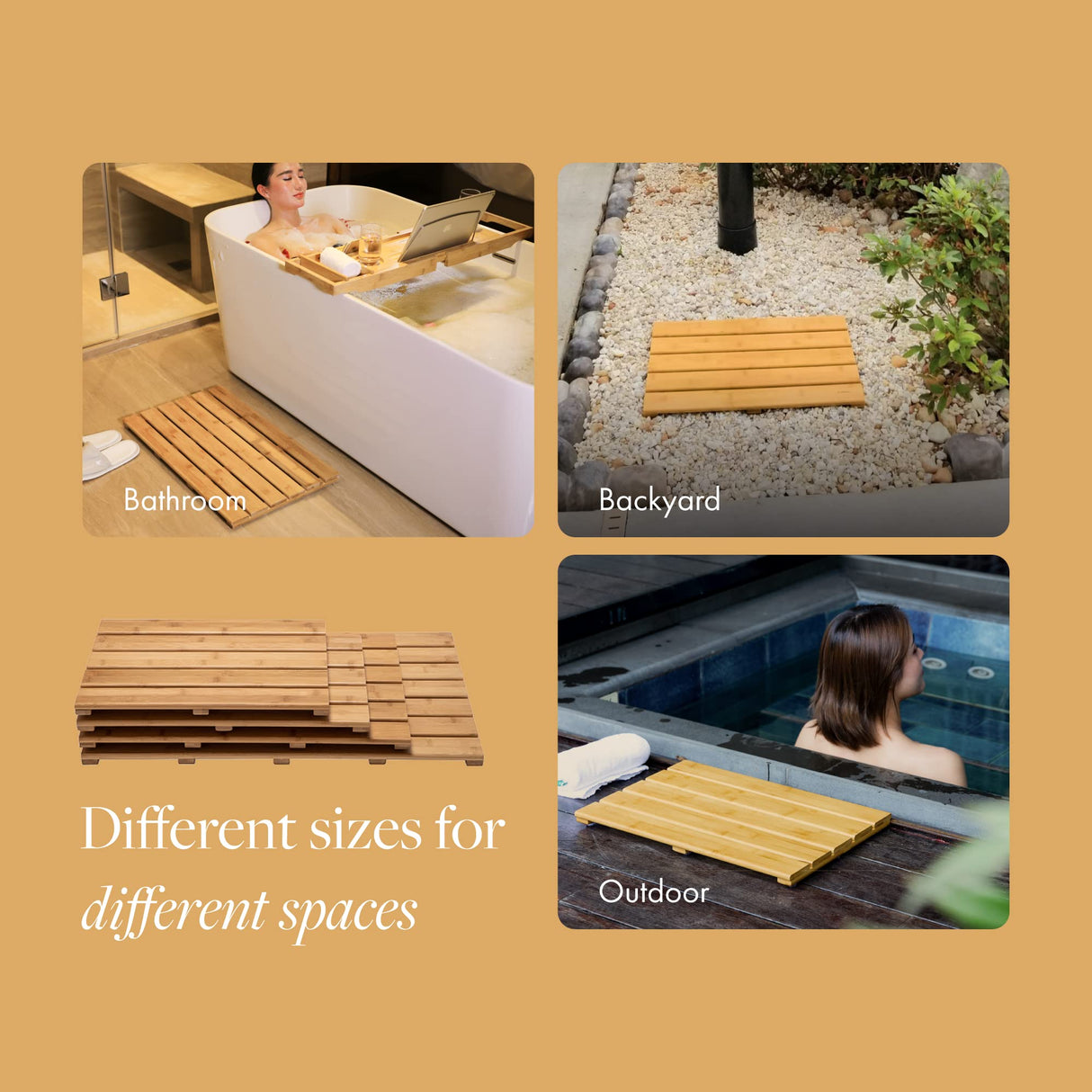 GOBAM Natural Bamboo Bath Mat - Non-Slip Shower & Bathtub Mat, Easy Clean Indoor & Outdoor Floor Mat for Spa, Sauna, Pool - Small 19.7 x 13 inches GOBAM