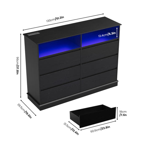 GarveeHome Dresser for Bedroom, 6 Drawer Dresser with LED Lights and Charging Station, Wide Chest of 6 Drawers with Open Space, Modern Large Capacity Storage Cabinet, Living Room, Hallway, Black GarveeHome