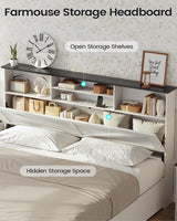 AOGLLATI Farmhouse King Bed Frame Bed Frame with 4 Storage Drawers and Led Lights, Wooden King Bed with Hidden Space Bookcase Headboard and Led Lights, White AOGLLATI