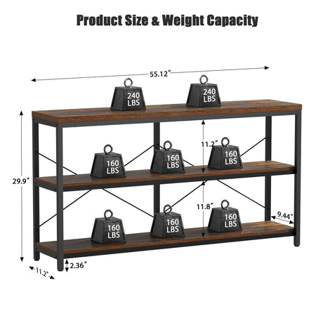 Semoic 3-Tier Industrial Bookshelf, Wide Wood Horizontal Bookcase, Open Large Book Shelf with Metal Frame, Display Rack Shelving Unit, Storage Organizer for Living Room, Bedroom & Study, Brown Semoic