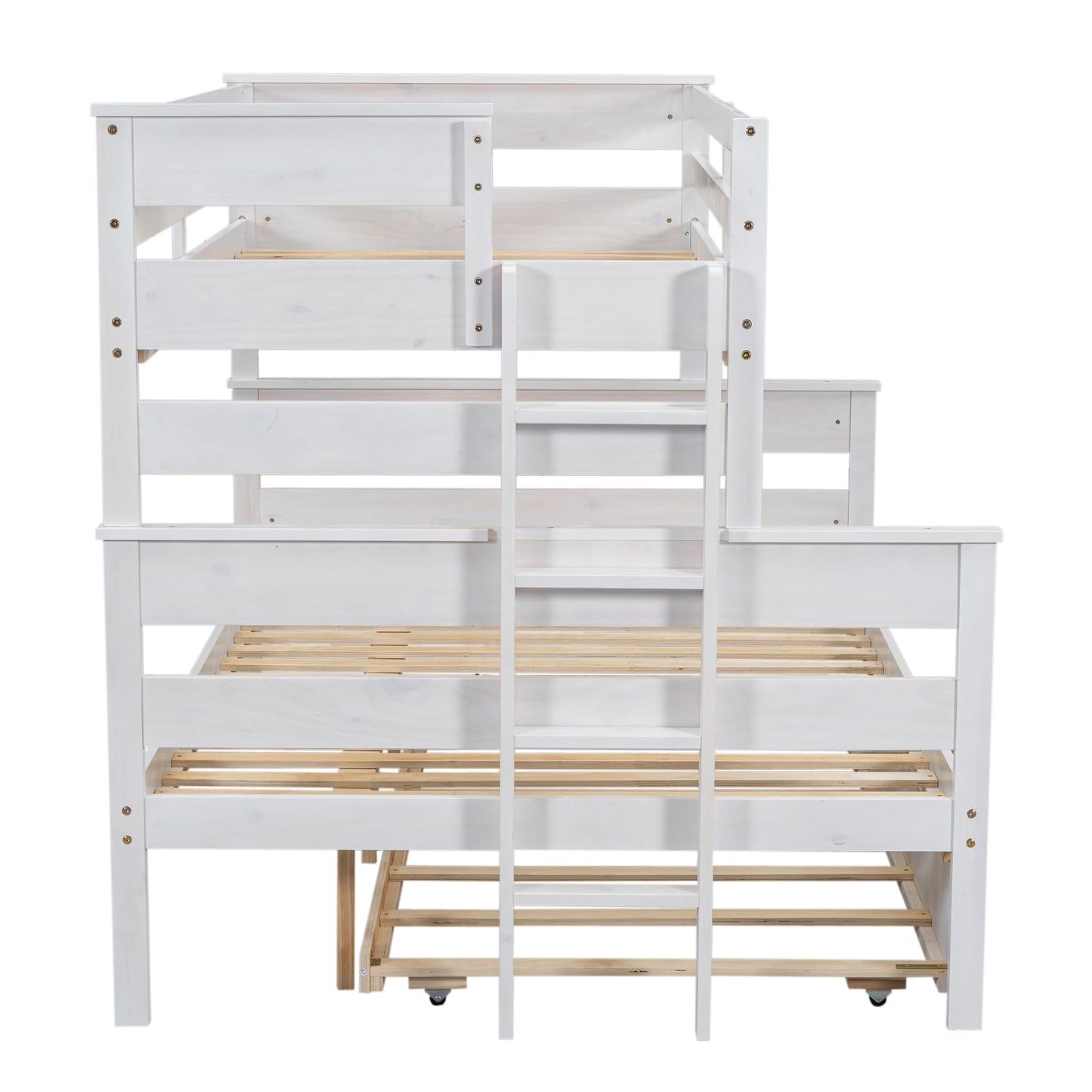 Linique Twin Over Full Bunk Bed with Trundle - White Wooden Frame, Ladder & Guardrails - WoodArtSupply