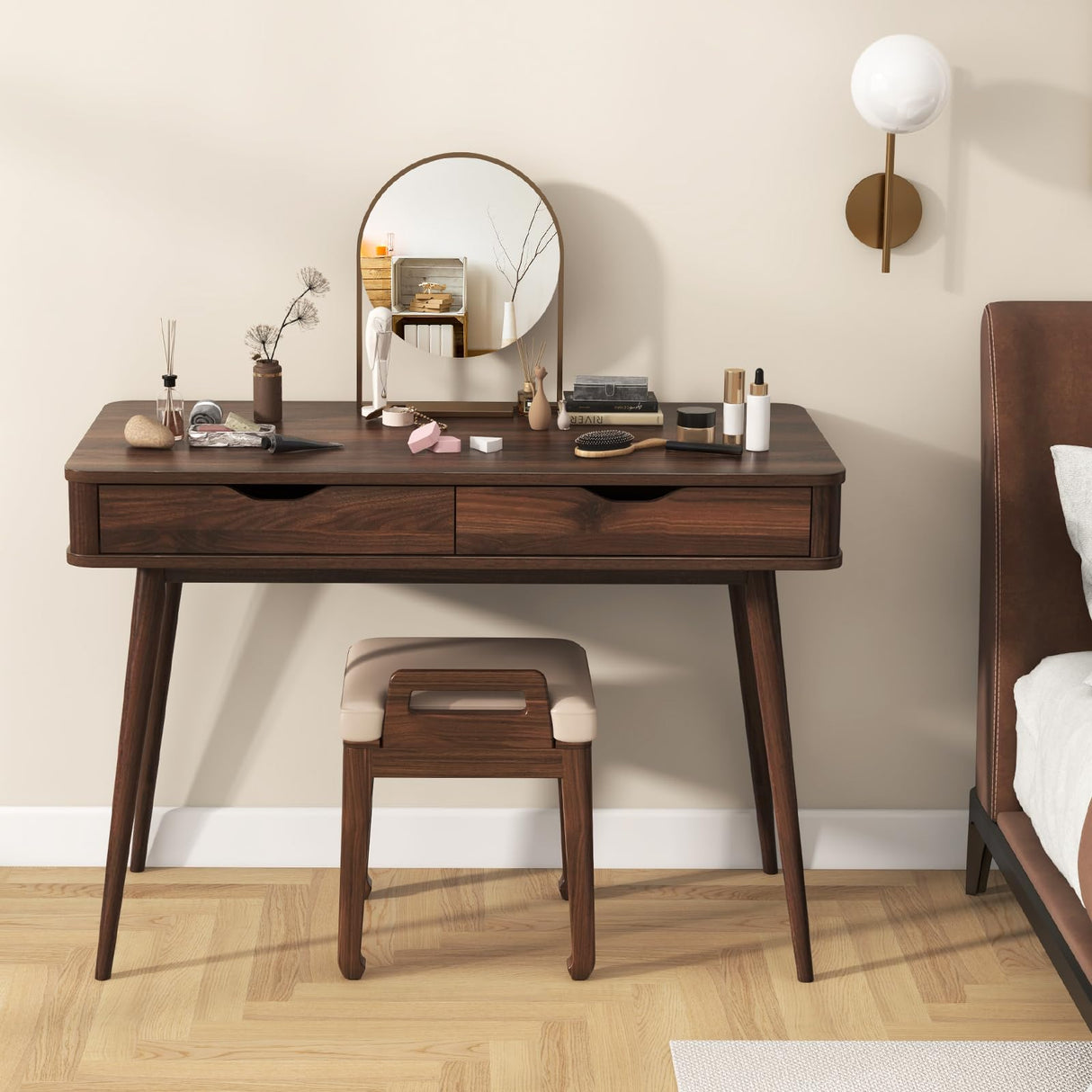 Giantex Mid-Century Desk with 2 Drawers, 43.5" Writing Study Desk with Solid Rubber Wood Legs, Home Office Computer Workstation PC Laptop Desk, Modern Makeup Vanity Table for Bedroom (Walnut) Giantex