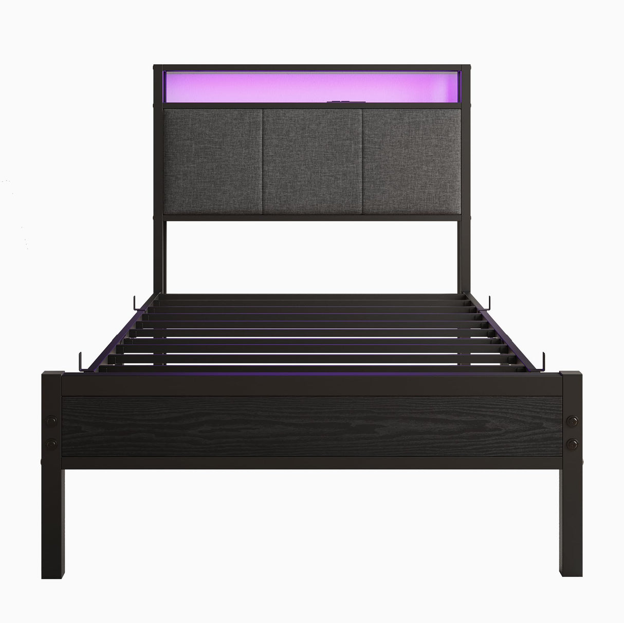 VECOCHO Twin Bed Frame with Charging Station and LED Lights,Upholstered Headboard with Storage Shelves,Heavy Duty Metal Slats, No Box Spring Needed,Noise Free, Easy Assembly,Black and Dark Grey VECOCHO