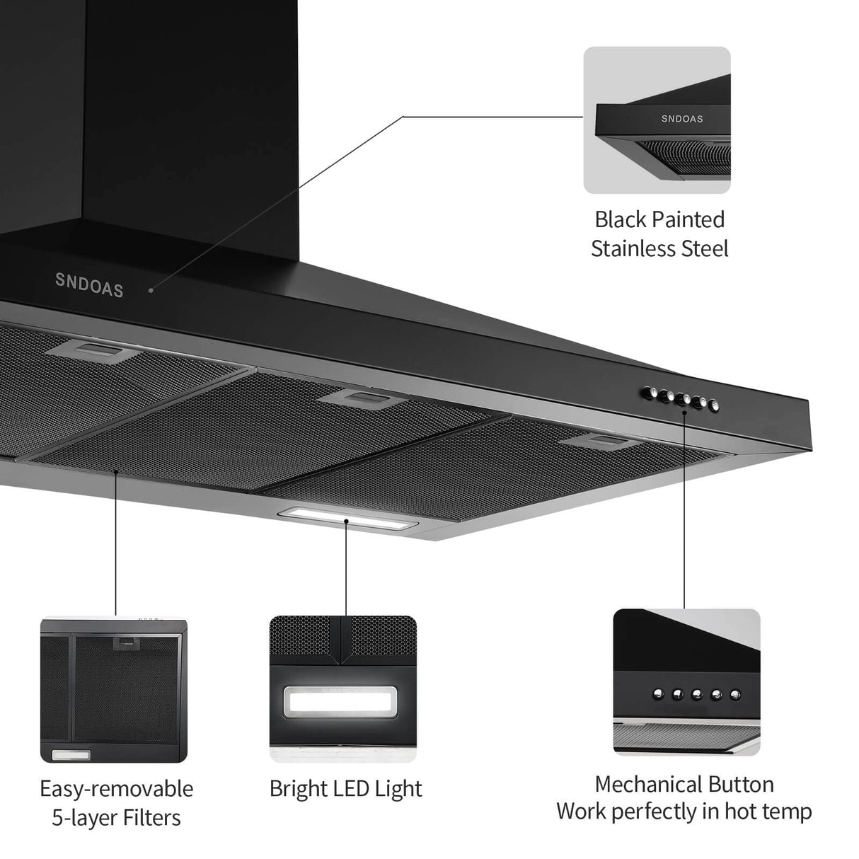 SNDOAS Black Range Hood 36 inches,Stainless Steel Wall Mount Range Hood Black,Kitchen Hood Vent with Ducted/Ductless Convertible,Hood Vents for Kitchen,Ductless Range Hood,Vent Hood 36 inch SNDOAS