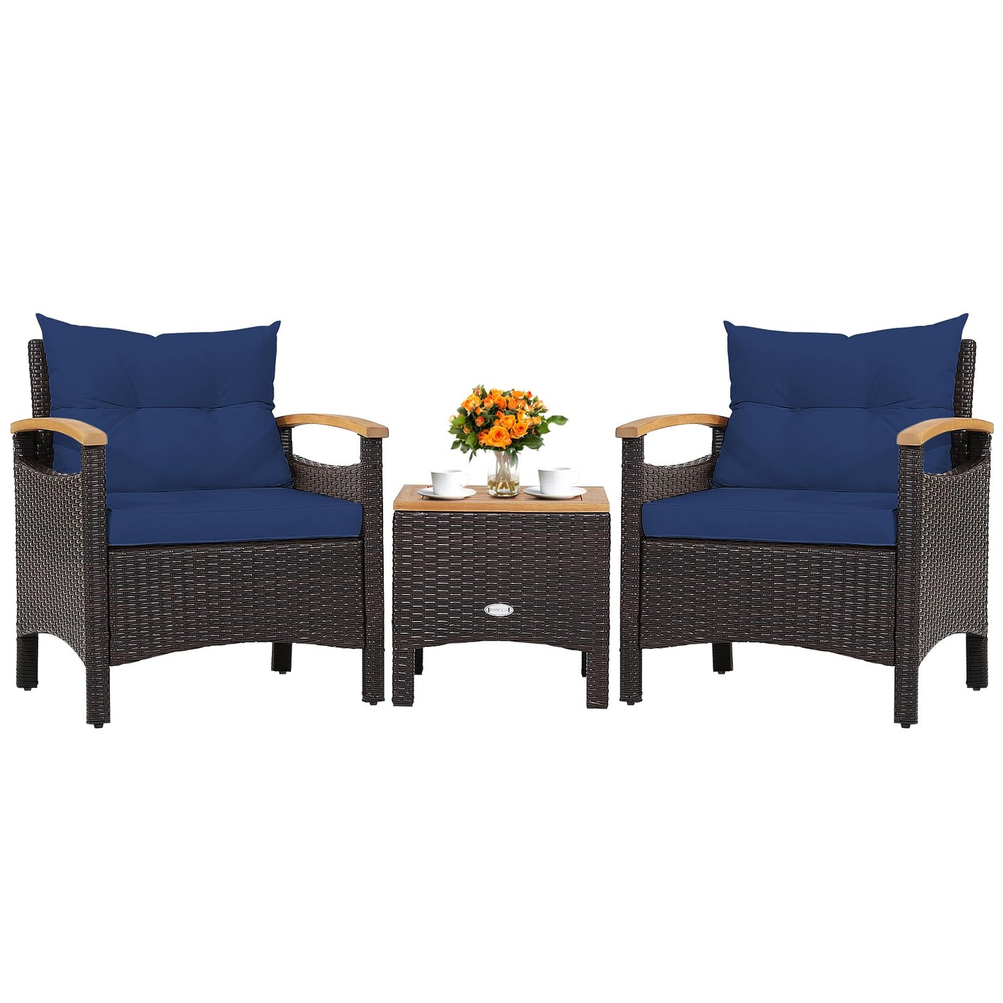 KOTEK 3 Piece Patio Furniture Set, Outdoor Conversation Set with Removable Cushions, Acacia Wood Tabletop and Armrests, PE Rattan Wicker Bistro Set for Porch, Balcony, Backyard (Navy Blue) - WoodArtSupply